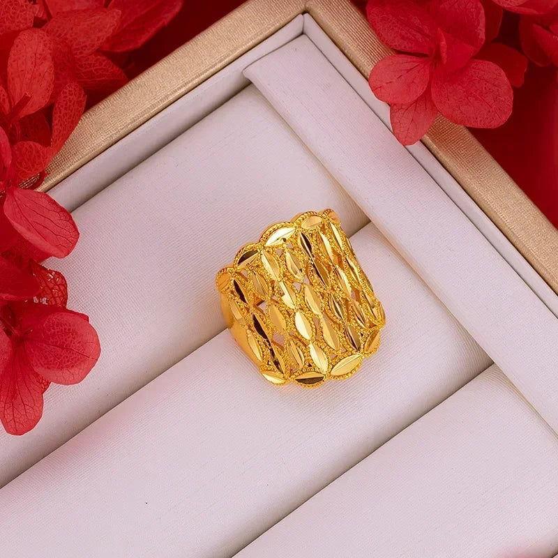Women's Real 18k Gold Color Flower Large Rings Real Gold Color Rings for Women Wedding Party Ring Gift Women‘s Flower Jewelry