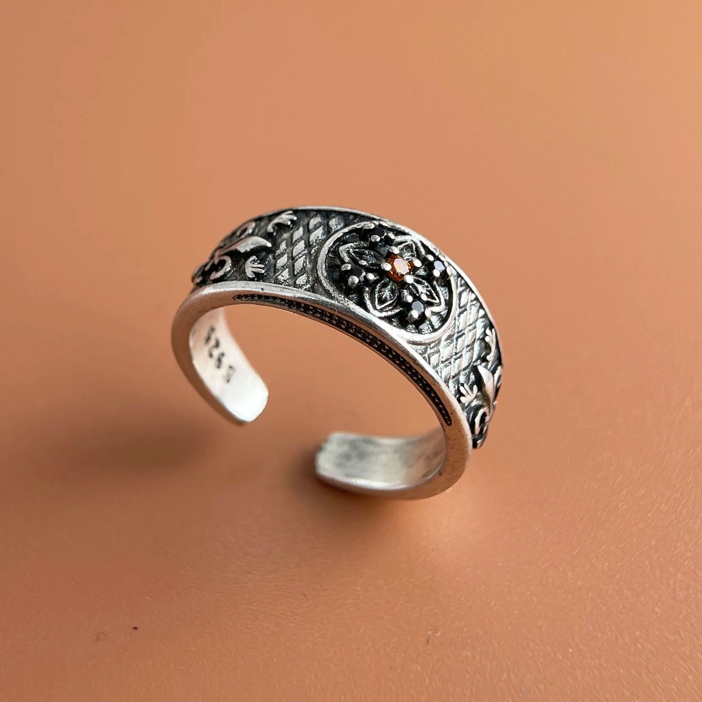 925 Sterling Silver Rings For Women Vintage Handmade Adjustable Red Zircon Ring Fashion Female Bijoux Gift