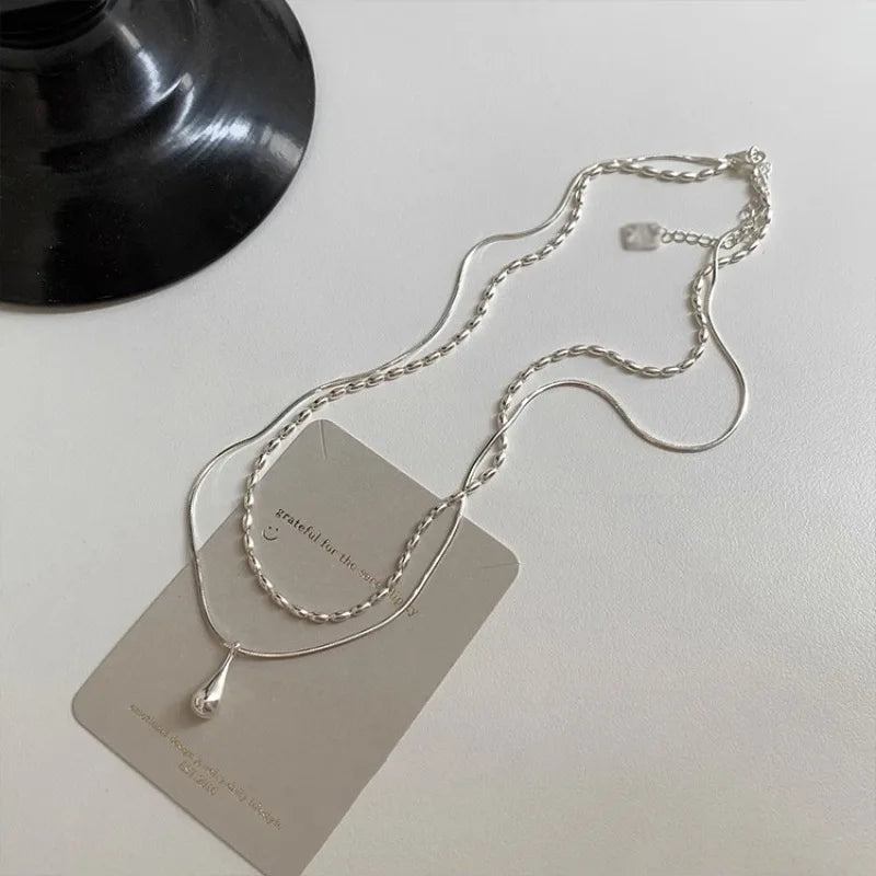 925 Sterling Silver Starry Sky Double Layered Water Drop Necklace for Women Collarbone Chain Pendant Jewelry Wedding Party Gift