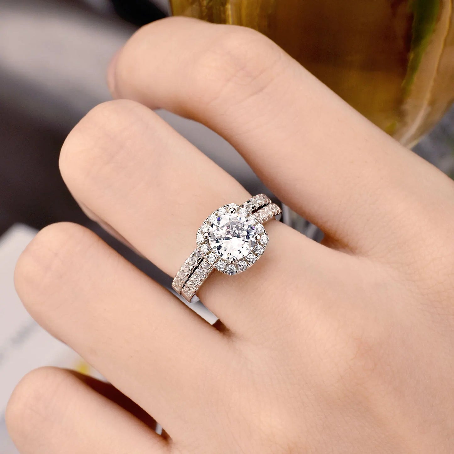 Newshe Prata 925 Silver Engagement Rings Set for Women Anillos Brilliant Halo Round Cut Cubic Zircon Luxury Wedding Jewelry