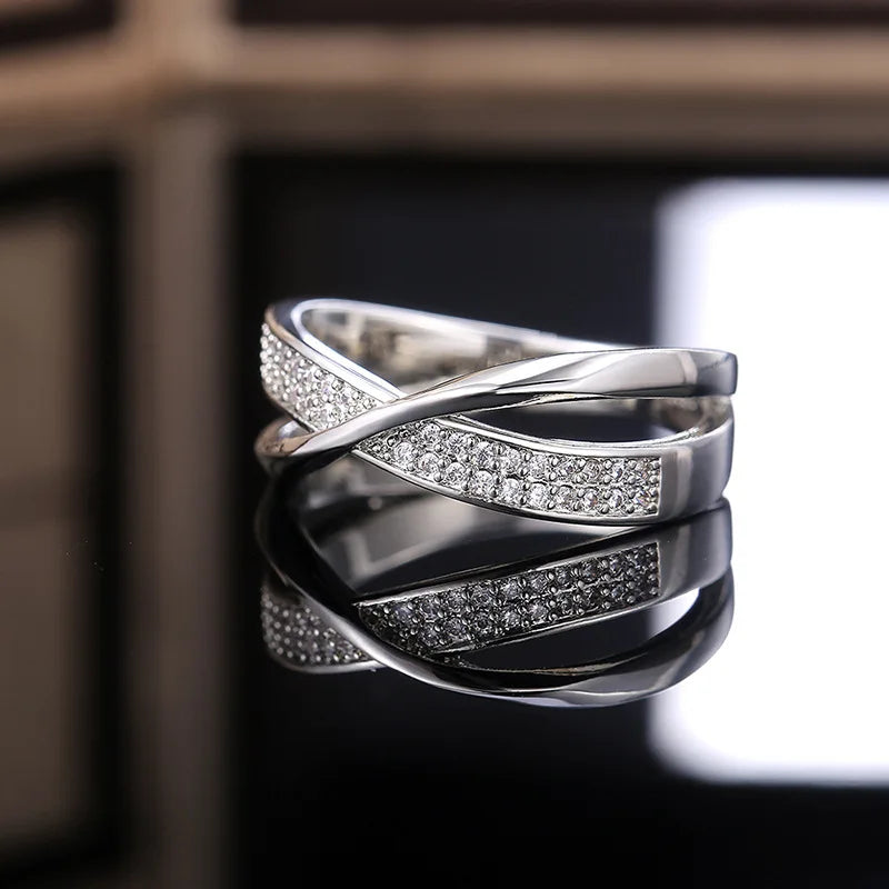 Classic Female Ring 925 Sterling Silver Two Tone X Shape Cross Rings For Women Infinite Dazzling Zircon Wedding Rings Anillos
