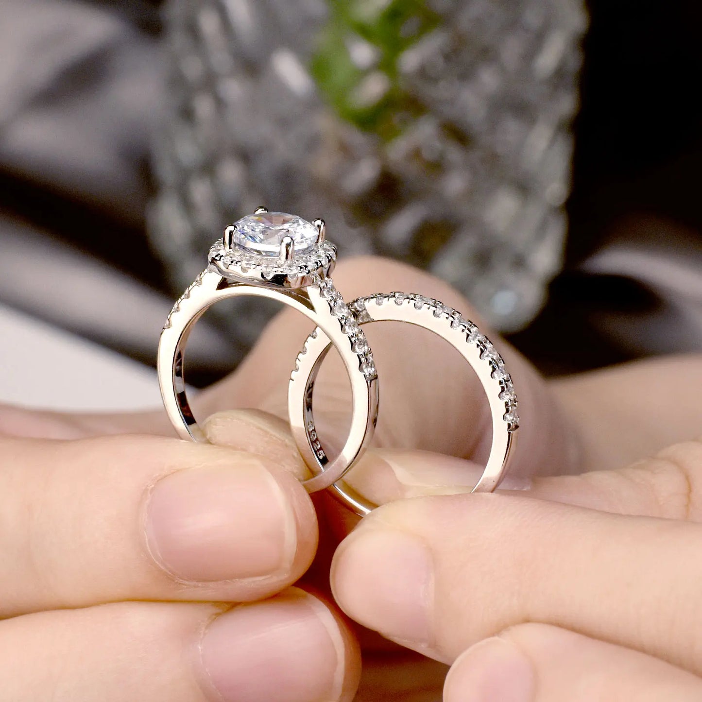 Newshe Prata 925 Silver Engagement Rings Set for Women Anillos Brilliant Halo Round Cut Cubic Zircon Luxury Wedding Jewelry