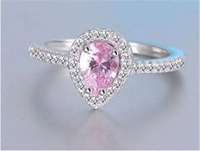 CC Double Rings For Women Silver Color Water Drop White/Pink Luxury Bridal Wedding Jewelry Engagement Accessories CC775