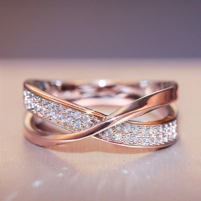 Classic Female Ring 925 Sterling Silver Two Tone X Shape Cross Rings For Women Infinite Dazzling Zircon Wedding Rings Anillos