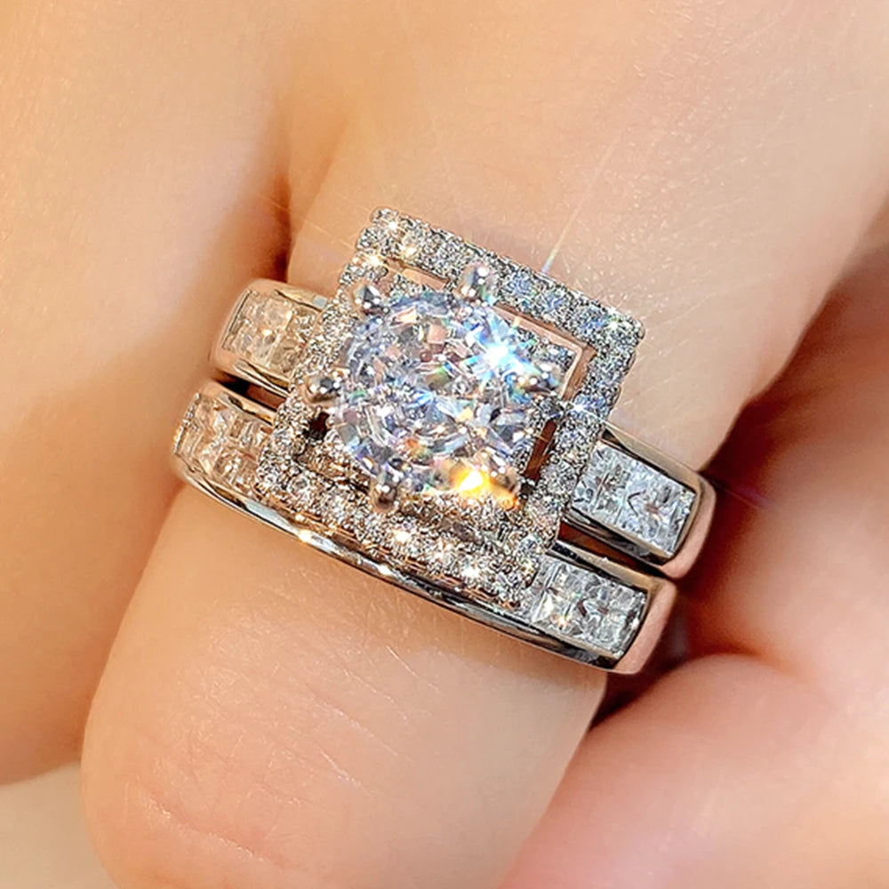 Huitan Trend Sets Rings Jewelry for Women Full Paved Brilliant CZ Stone Fashion Finger Accessories Engagement Bands Accessories