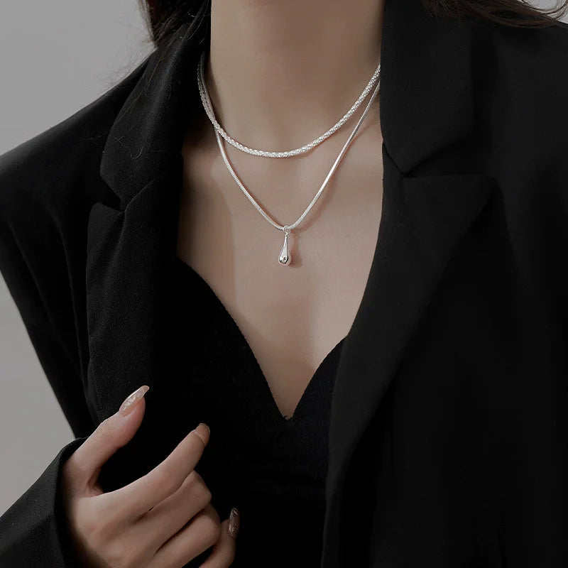 925 Sterling Silver Starry Sky Double Layered Water Drop Necklace for Women Collarbone Chain Pendant Jewelry Wedding Party Gift