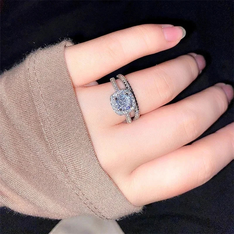 CC Rings For Women Silver Color Double Stackable Fashion Jewelry Bridal Sets Wedding Engagement Ring Accessory CC634
