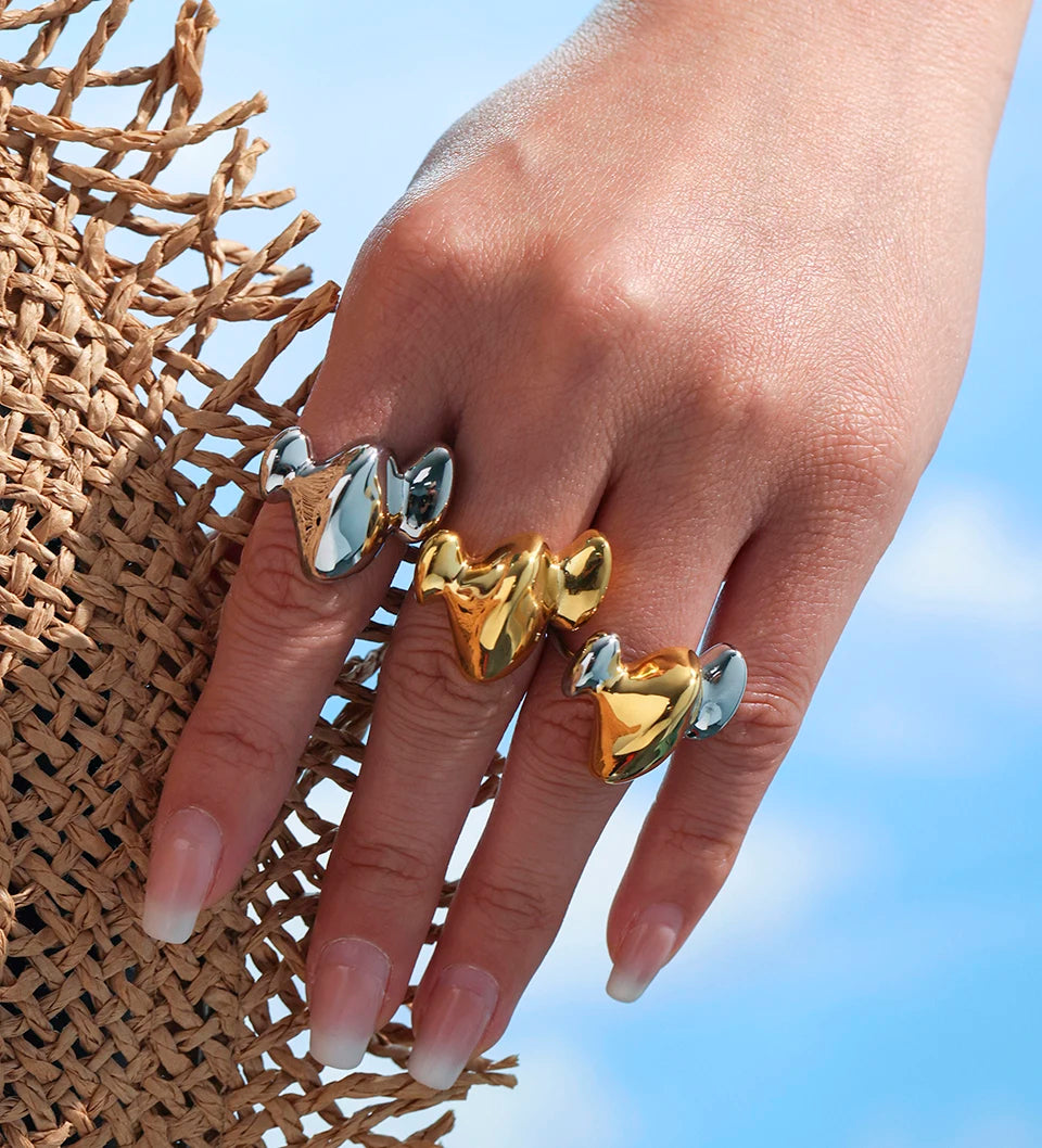 Trendy Stainless Steel Rings For Women 18k Gold Plated Waterproof Fadeless Non Tarnish Adjustable Women's Two-tone Chunky Ring