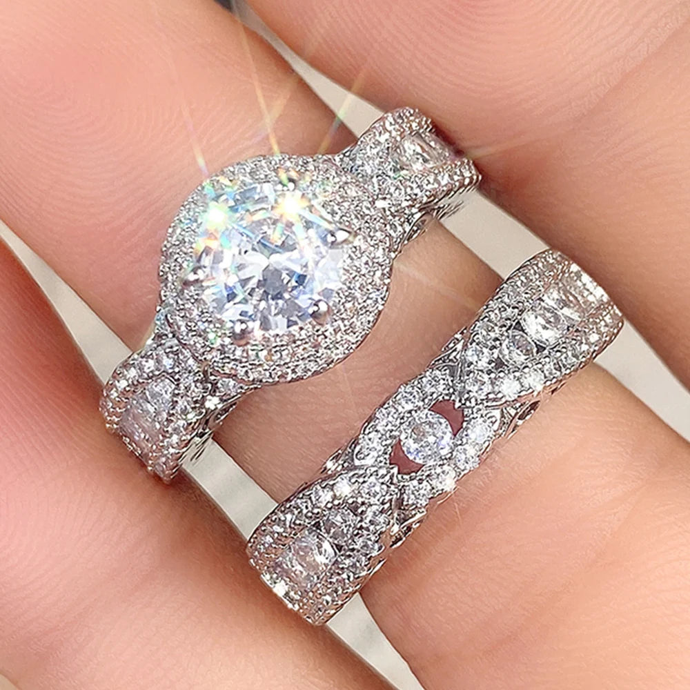 Huitan Trend Sets Rings Jewelry for Women Full Paved Brilliant CZ Stone Fashion Finger Accessories Engagement Bands Accessories