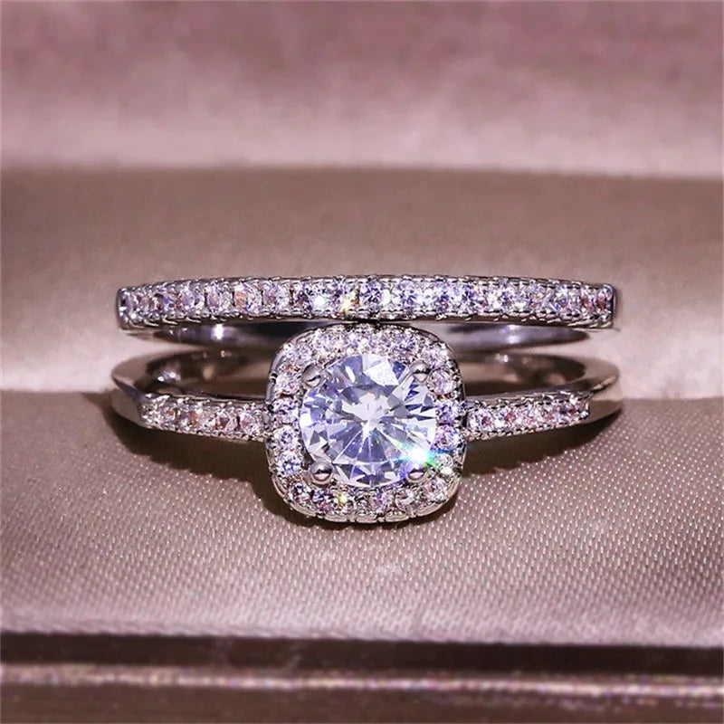 CC Rings For Women Silver Color Double Stackable Fashion Jewelry Bridal Sets Wedding Engagement Ring Accessory CC634