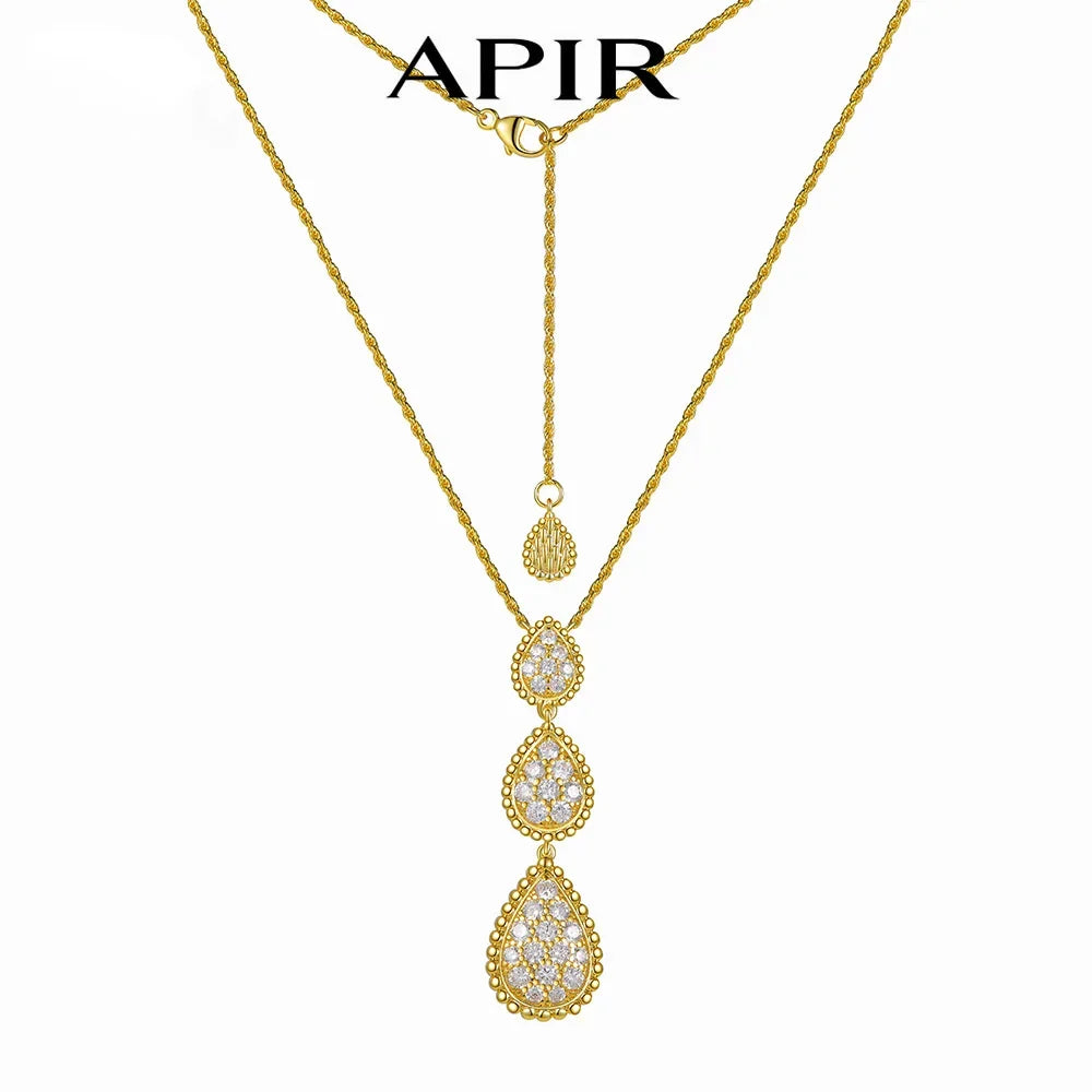 APIR 18k Gold Plated 5A Zircon Large Water Drop Pendant Necklace for Women Diamond High Quality Luxury Jewelry Ladies Necklaces