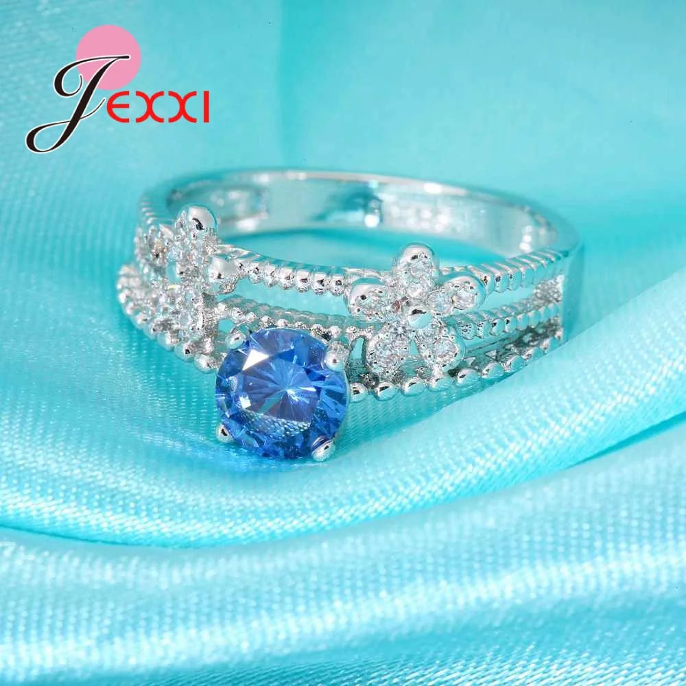 Elegant Bule Austrian Crystal 925 Sterling Silver Wreath Shape Ring High Quality  Women Party Enagaement Gift Wholesale