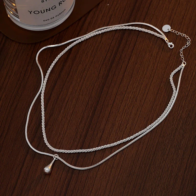 925 Sterling Silver Starry Sky Double Layered Water Drop Necklace for Women Collarbone Chain Pendant Jewelry Wedding Party Gift