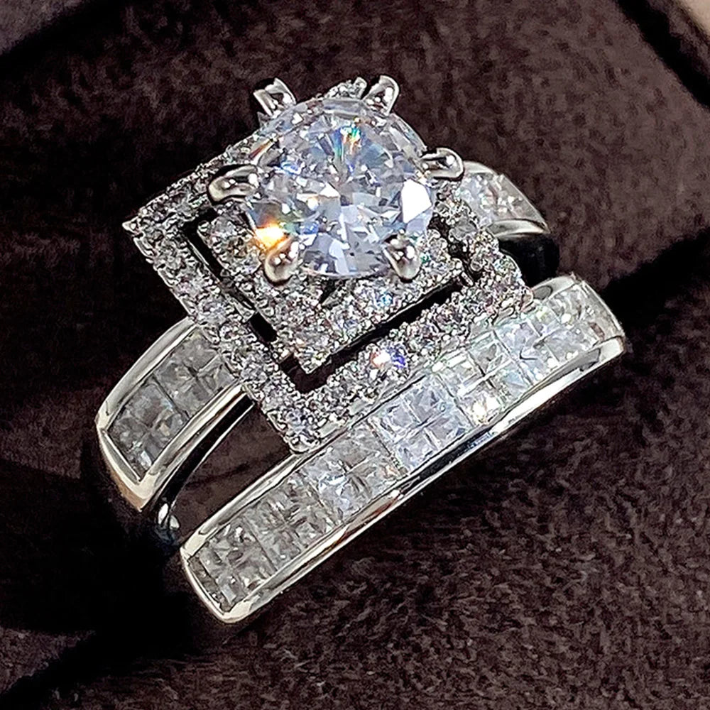 Huitan Trend Sets Rings Jewelry for Women Full Paved Brilliant CZ Stone Fashion Finger Accessories Engagement Bands Accessories