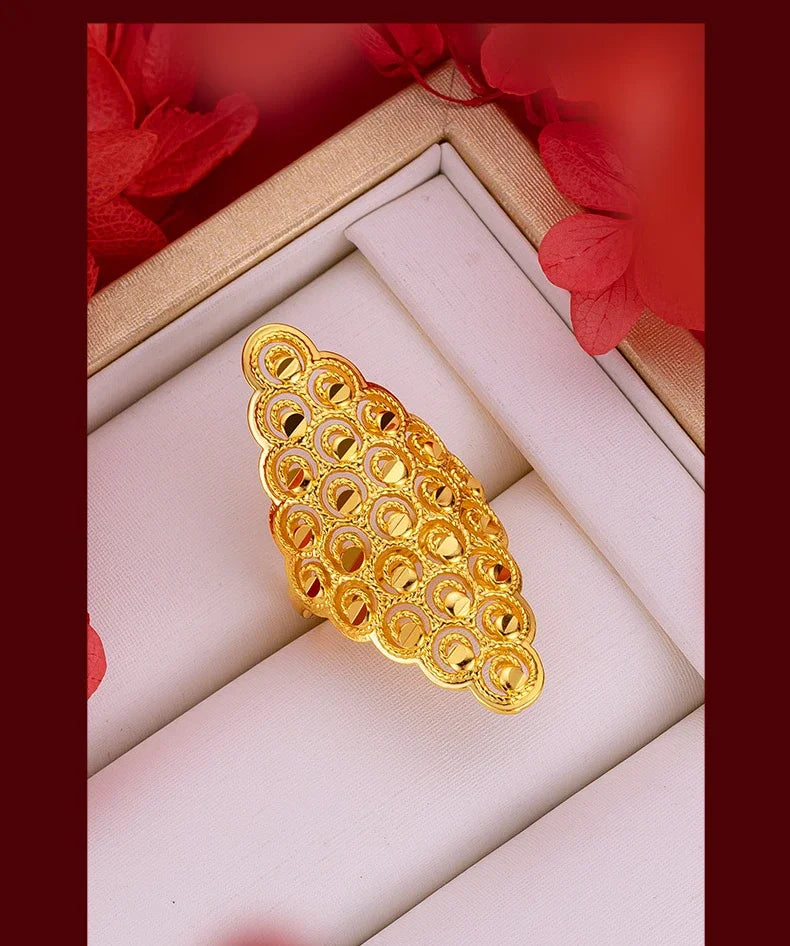 Women's Real 18k Gold Color Flower Large Rings Real Gold Color Rings for Women Wedding Party Ring Gift Women‘s Flower Jewelry