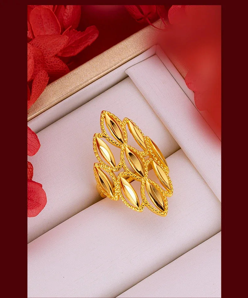 Women's Real 18k Gold Color Flower Large Rings Real Gold Color Rings for Women Wedding Party Ring Gift Women‘s Flower Jewelry