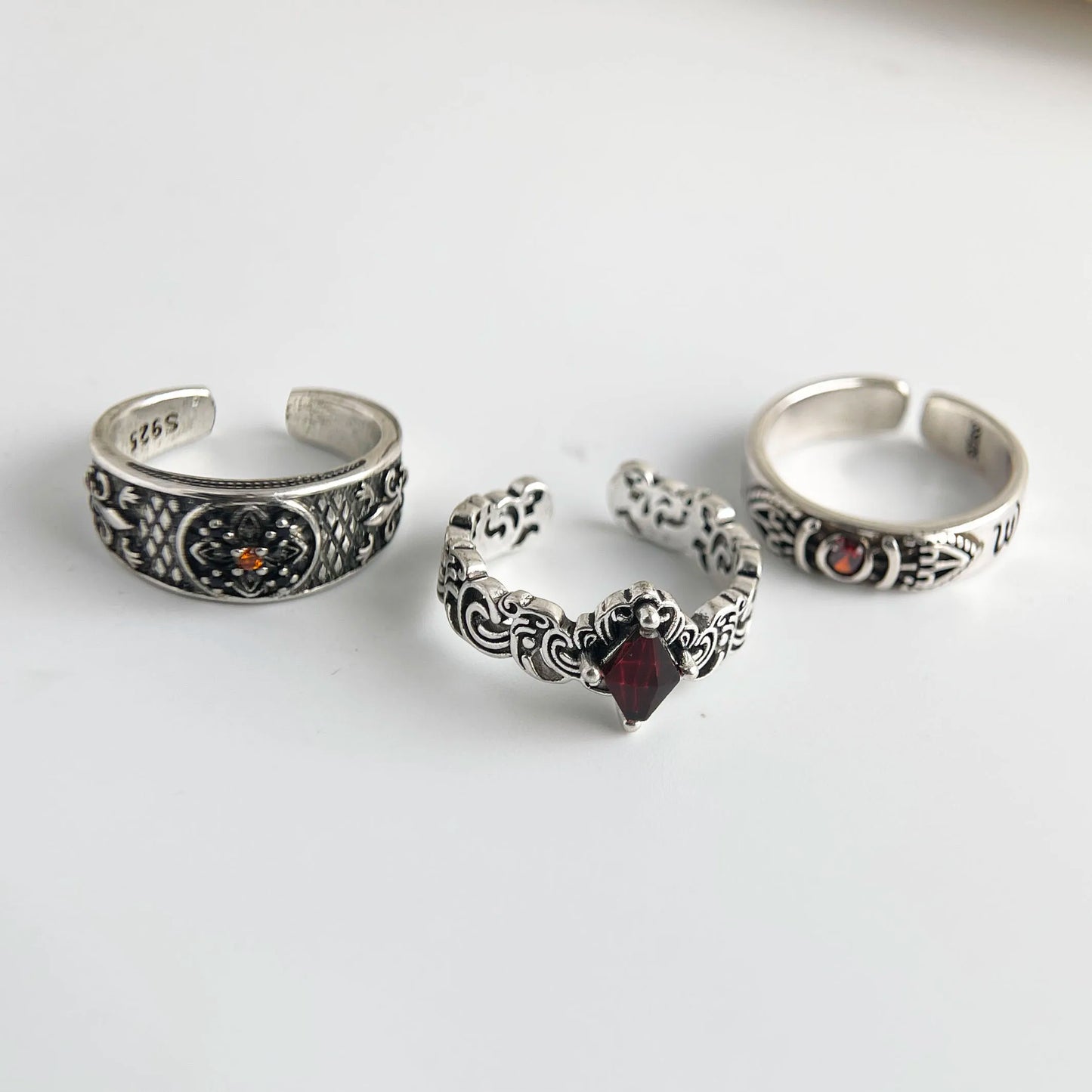 925 Sterling Silver Rings For Women Vintage Handmade Adjustable Red Zircon Ring Fashion Female Bijoux Gift
