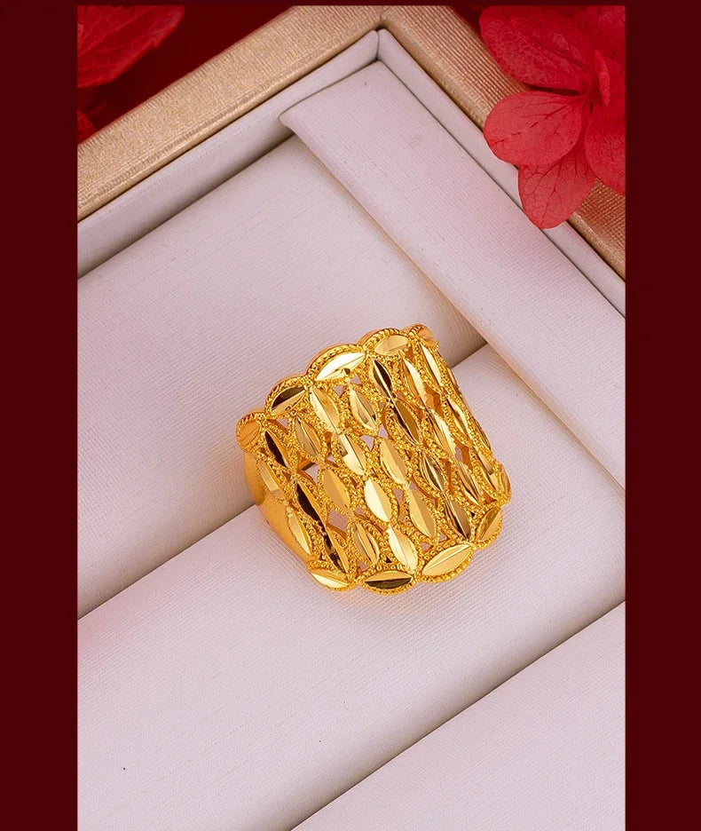 Women's Real 18k Gold Color Flower Large Rings Real Gold Color Rings for Women Wedding Party Ring Gift Women‘s Flower Jewelry