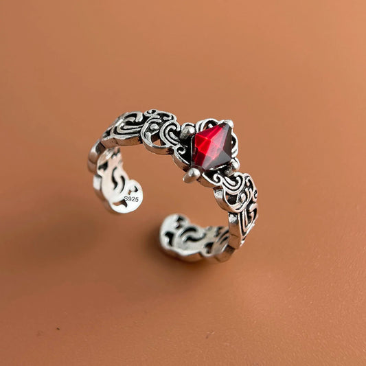 925 Sterling Silver Rings For Women Vintage Handmade Adjustable Red Zircon Ring Fashion Female Bijoux Gift