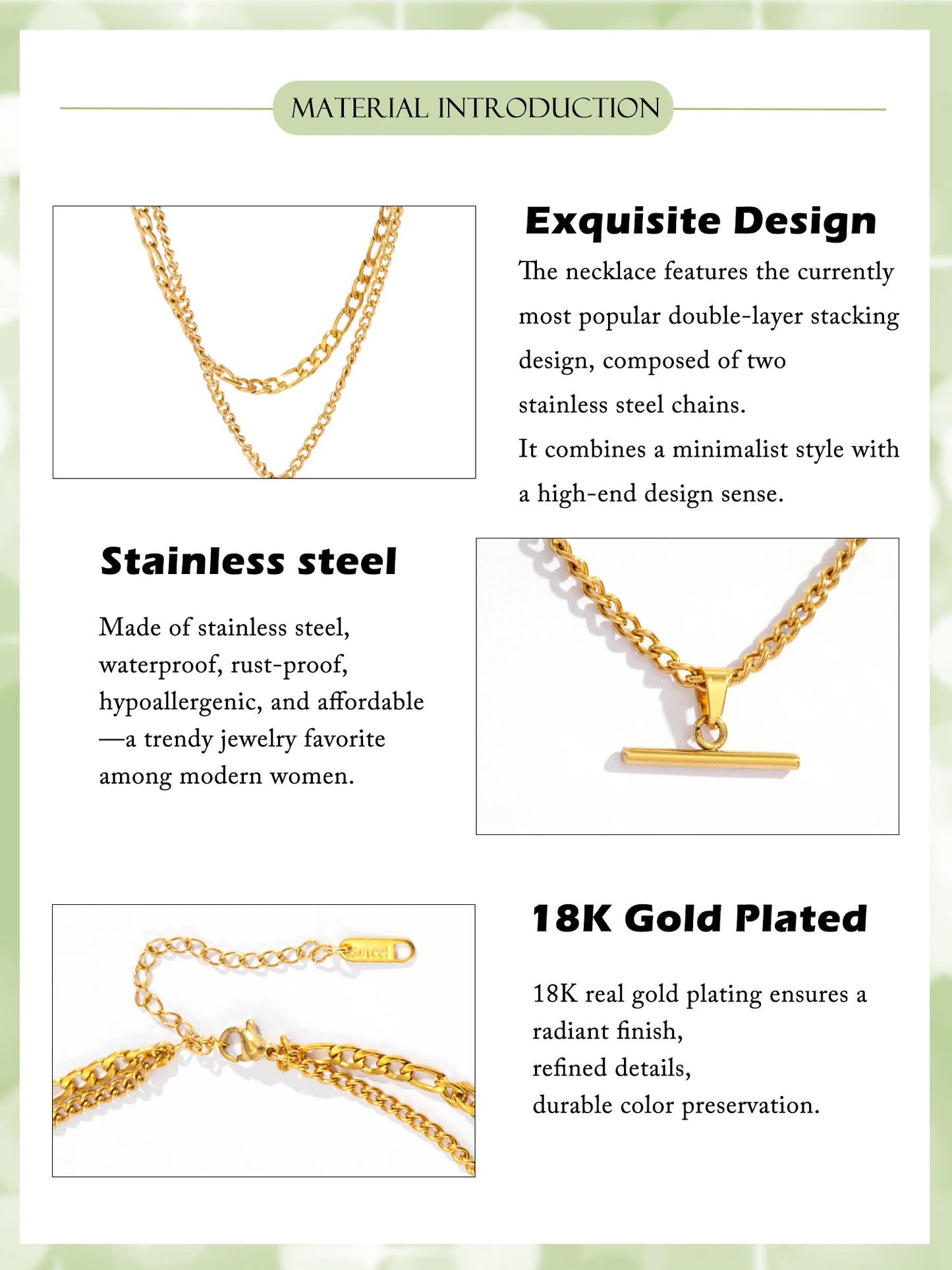 Layered Necklace for Women Minimalist Stackable - 18K Gold Plated Stainless Steel Hypoallergenic Elegant Double Chain Jewelry