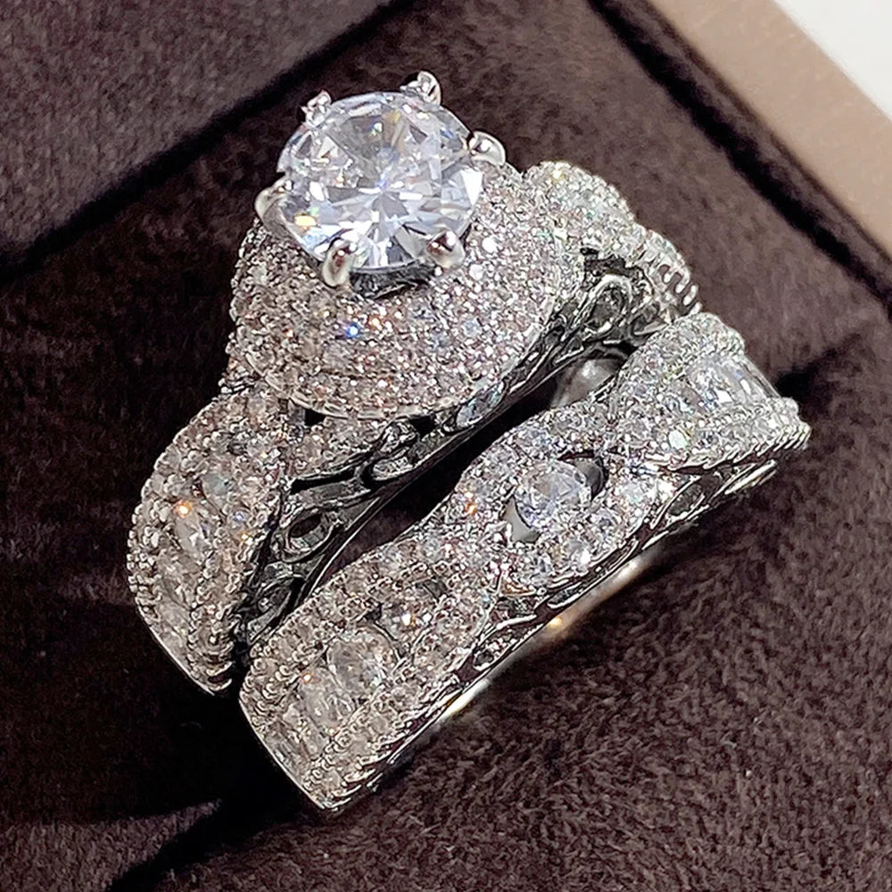 Huitan Trend Sets Rings Jewelry for Women Full Paved Brilliant CZ Stone Fashion Finger Accessories Engagement Bands Accessories