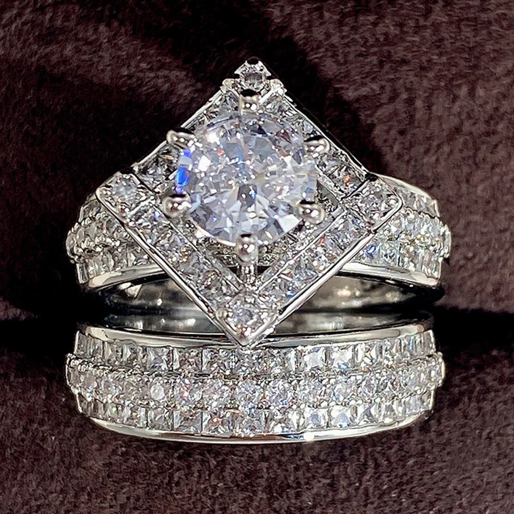Huitan Trend Sets Rings Jewelry for Women Full Paved Brilliant CZ Stone Fashion Finger Accessories Engagement Bands Accessories