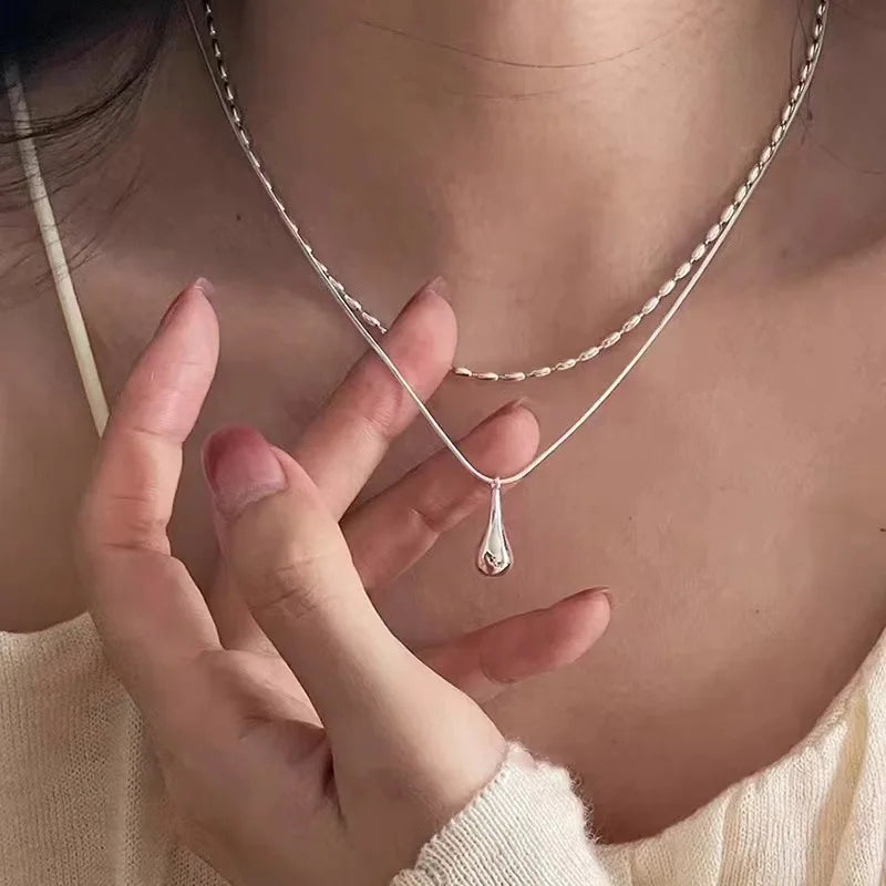925 Sterling Silver Starry Sky Double Layered Water Drop Necklace for Women Collarbone Chain Pendant Jewelry Wedding Party Gift