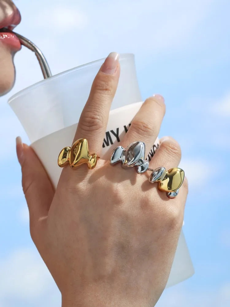 Trendy Stainless Steel Rings For Women 18k Gold Plated Waterproof Fadeless Non Tarnish Adjustable Women's Two-tone Chunky Ring
