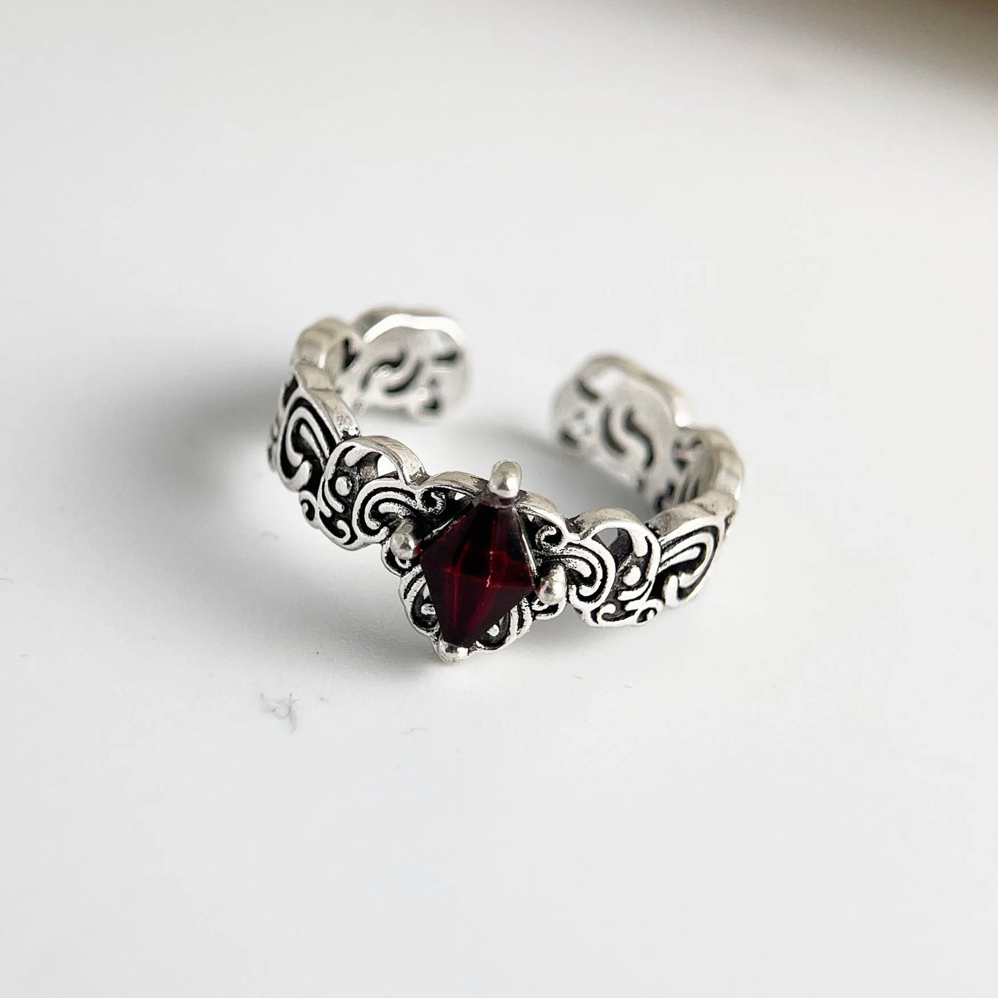 925 Sterling Silver Rings For Women Vintage Handmade Adjustable Red Zircon Ring Fashion Female Bijoux Gift