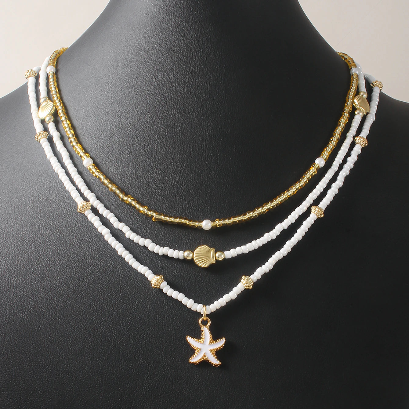 Vintage Women's Multi-layer Stacked Handmade Seed Bead Choker Trendy Starfish Shell Pendant Necklace Summer Beach Party Jewelry
