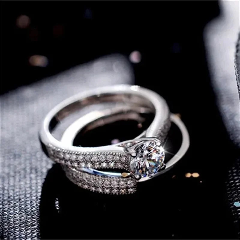 CC Rings For Women Silver Color Double Stackable Fashion Jewelry Bridal Sets Wedding Engagement Ring Accessory CC634