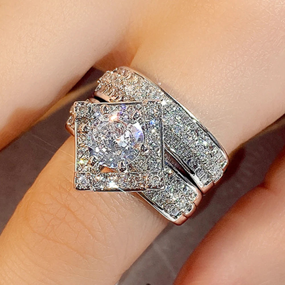 Huitan Trend Sets Rings Jewelry for Women Full Paved Brilliant CZ Stone Fashion Finger Accessories Engagement Bands Accessories