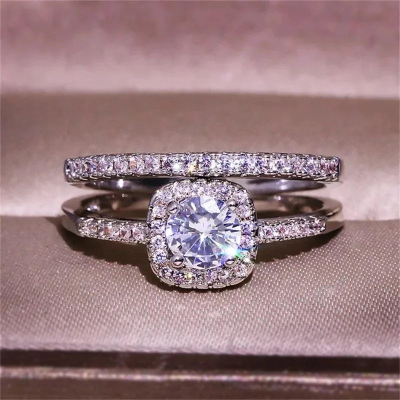 CC Rings For Women Silver Color Double Stackable Fashion Jewelry Bridal Sets Wedding Engagement Ring Accessory CC634