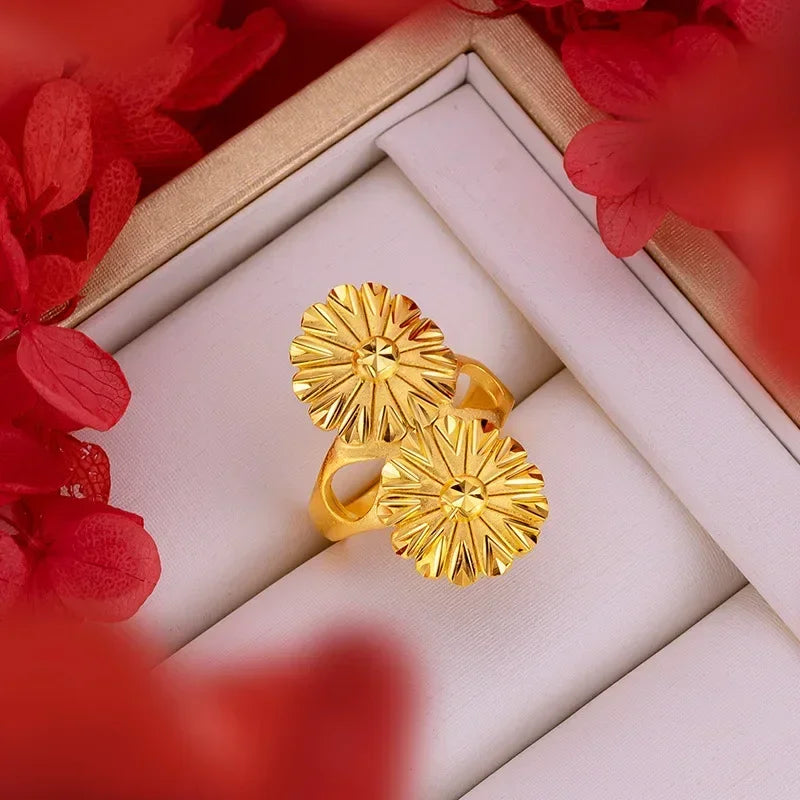 Women's Real 18k Gold Color Flower Large Rings Real Gold Color Rings for Women Wedding Party Ring Gift Women‘s Flower Jewelry