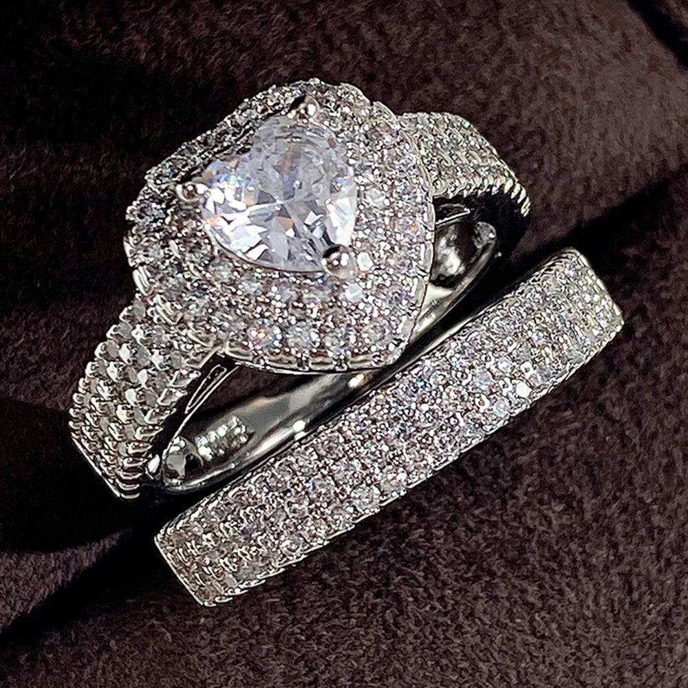Huitan Trend Sets Rings Jewelry for Women Full Paved Brilliant CZ Stone Fashion Finger Accessories Engagement Bands Accessories