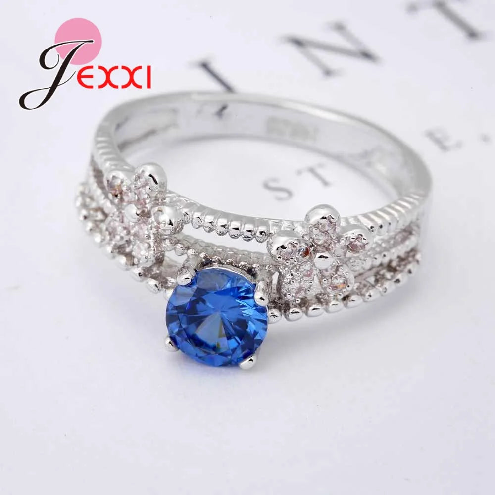 Elegant Bule Austrian Crystal 925 Sterling Silver Wreath Shape Ring High Quality  Women Party Enagaement Gift Wholesale