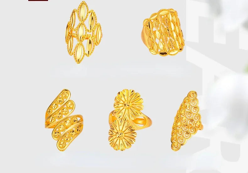 Women's Real 18k Gold Color Flower Large Rings Real Gold Color Rings for Women Wedding Party Ring Gift Women‘s Flower Jewelry