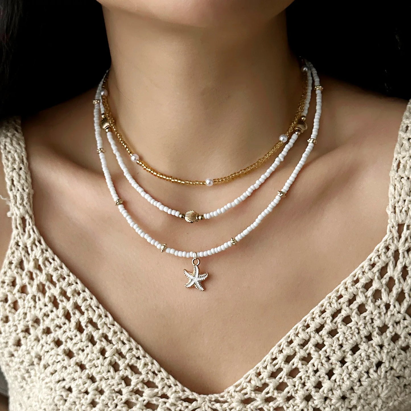 Vintage Women's Multi-layer Stacked Handmade Seed Bead Choker Trendy Starfish Shell Pendant Necklace Summer Beach Party Jewelry