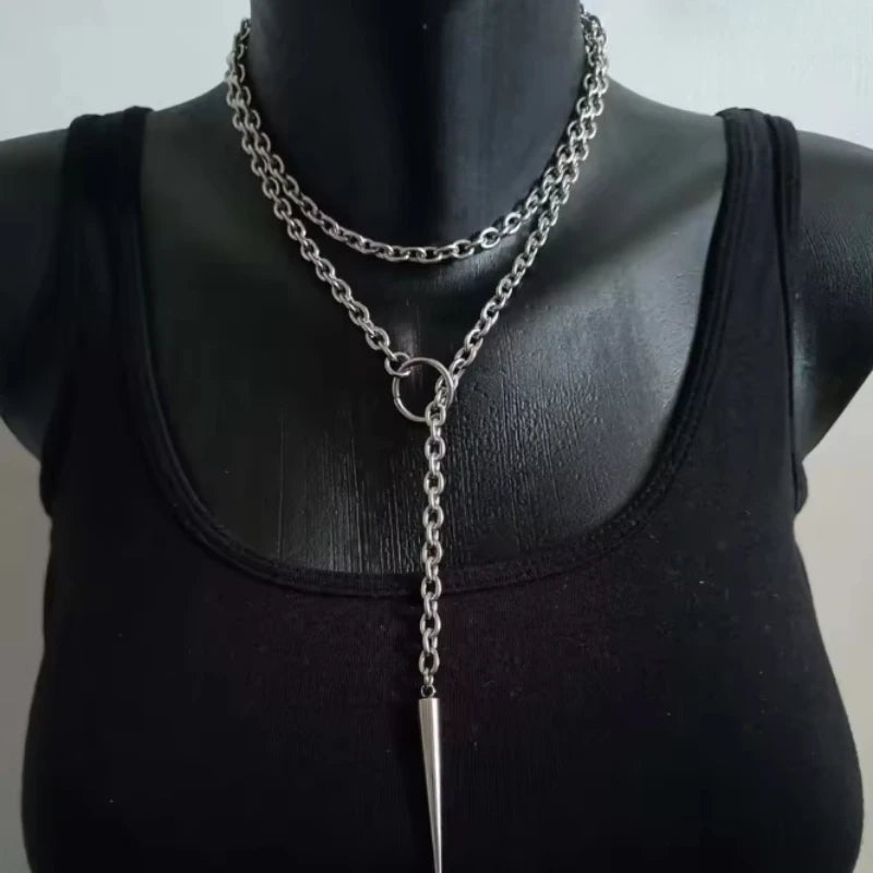 Punk Style Silver Chain Cone-shaped Long Necklace, Men's and Women's Gothic Y2k Holiday Accessories Jewelry