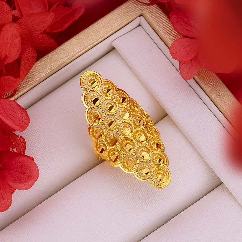 Women's Real 18k Gold Color Flower Large Rings Real Gold Color Rings for Women Wedding Party Ring Gift Women‘s Flower Jewelry