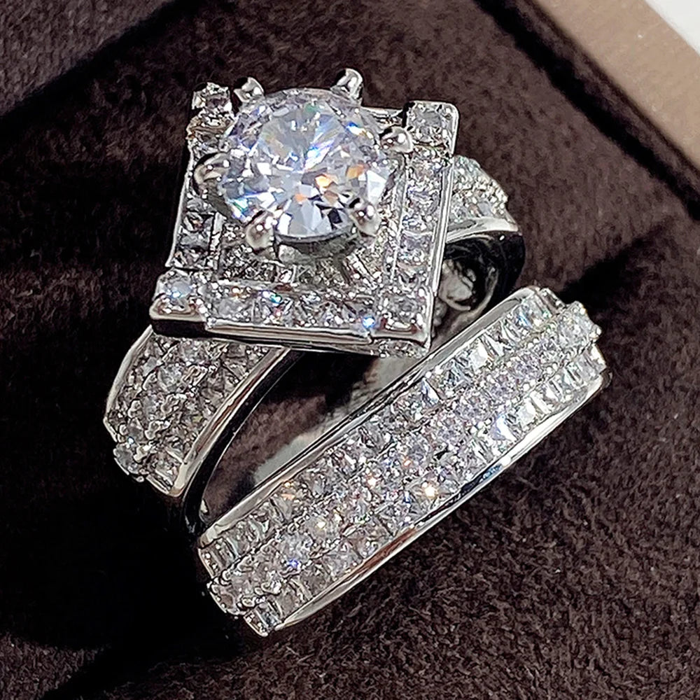 Huitan Trend Sets Rings Jewelry for Women Full Paved Brilliant CZ Stone Fashion Finger Accessories Engagement Bands Accessories