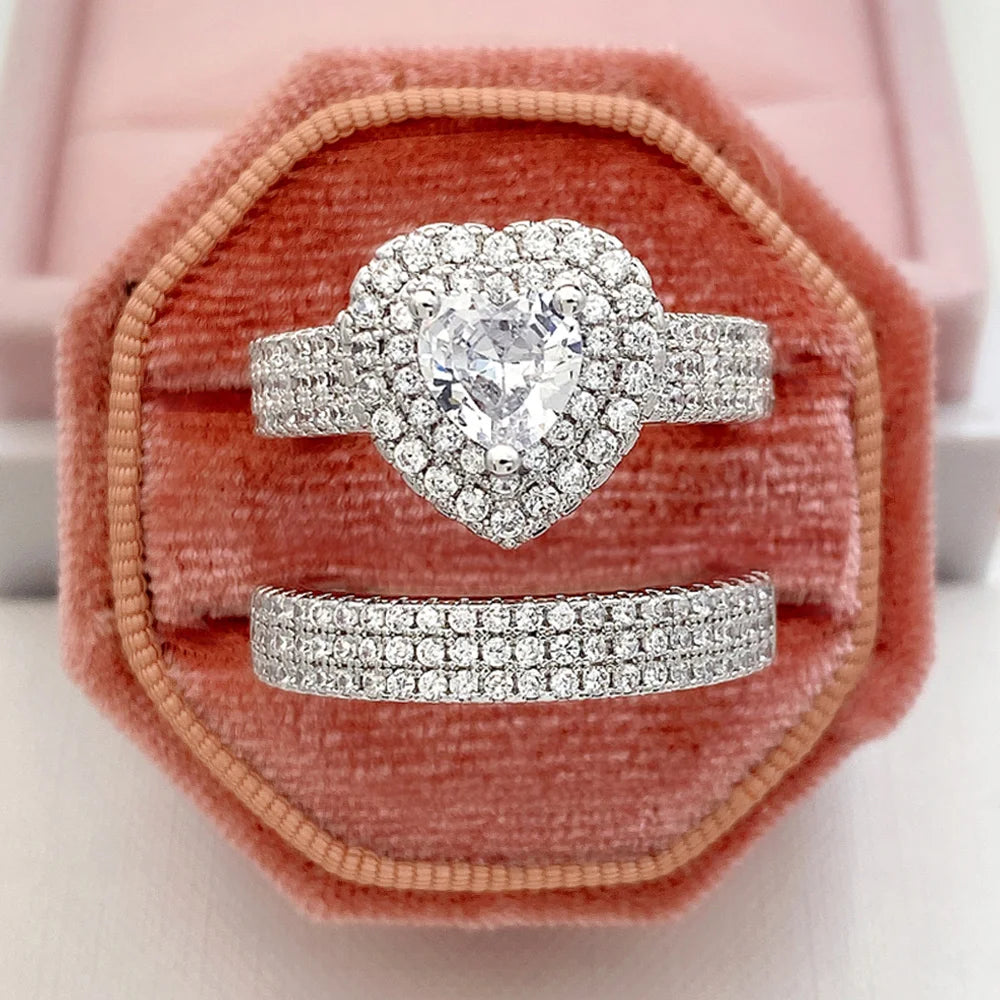 Huitan Trend Sets Rings Jewelry for Women Full Paved Brilliant CZ Stone Fashion Finger Accessories Engagement Bands Accessories