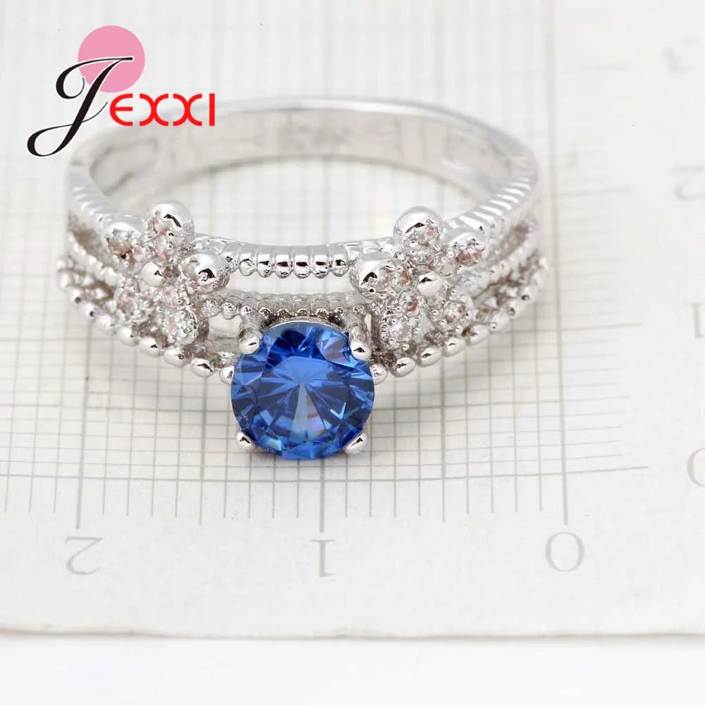 Elegant Bule Austrian Crystal 925 Sterling Silver Wreath Shape Ring High Quality  Women Party Enagaement Gift Wholesale