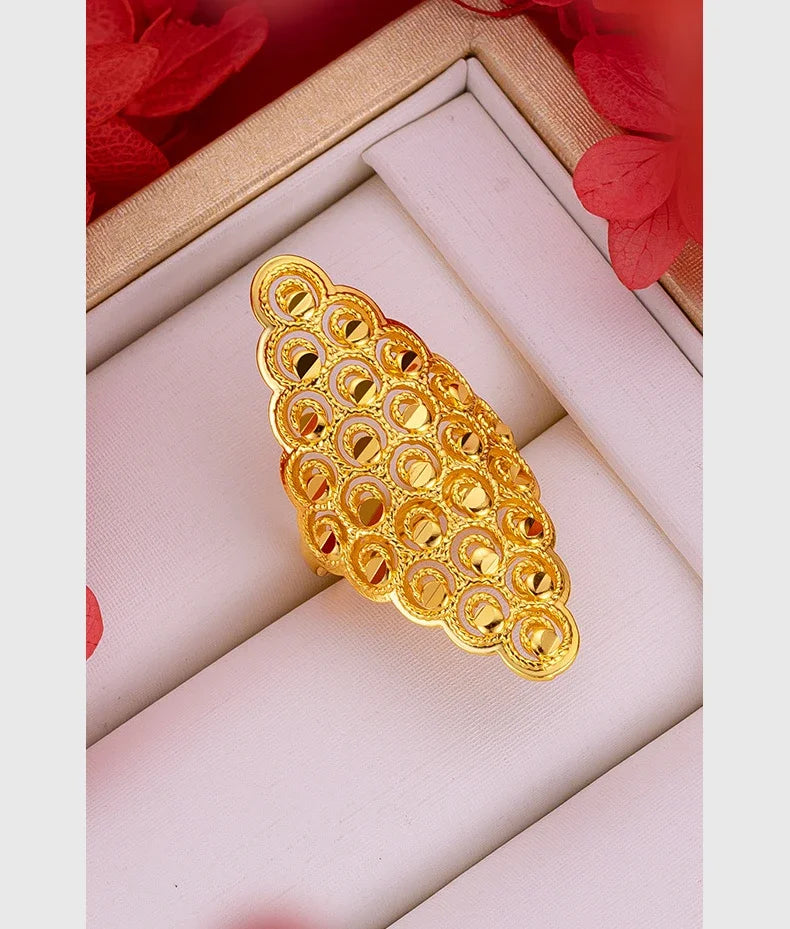 Women's Real 18k Gold Color Flower Large Rings Real Gold Color Rings for Women Wedding Party Ring Gift Women‘s Flower Jewelry