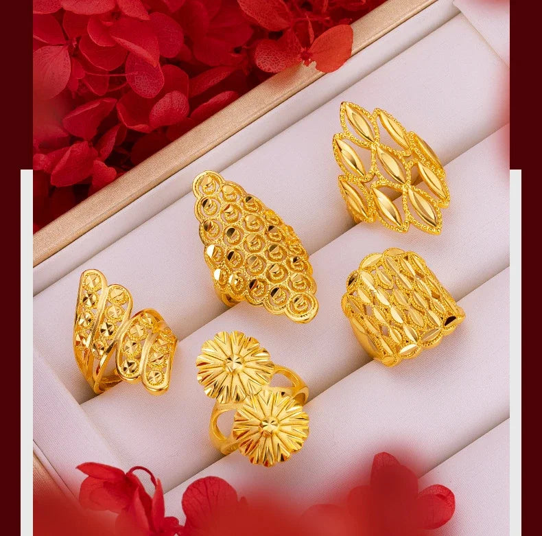 Women's Real 18k Gold Color Flower Large Rings Real Gold Color Rings for Women Wedding Party Ring Gift Women‘s Flower Jewelry