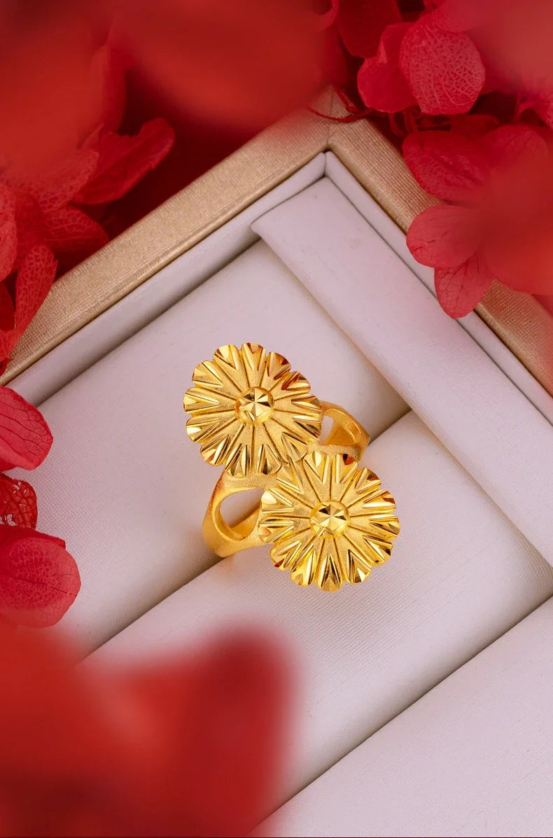 Women's Real 18k Gold Color Flower Large Rings Real Gold Color Rings for Women Wedding Party Ring Gift Women‘s Flower Jewelry