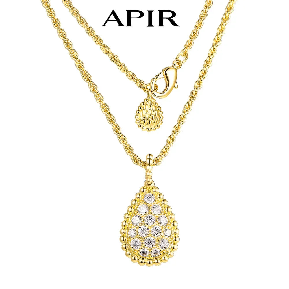 APIR 18k Gold Plated 5A Zircon Large Water Drop Pendant Necklace for Women Diamond High Quality Luxury Jewelry Ladies Necklaces