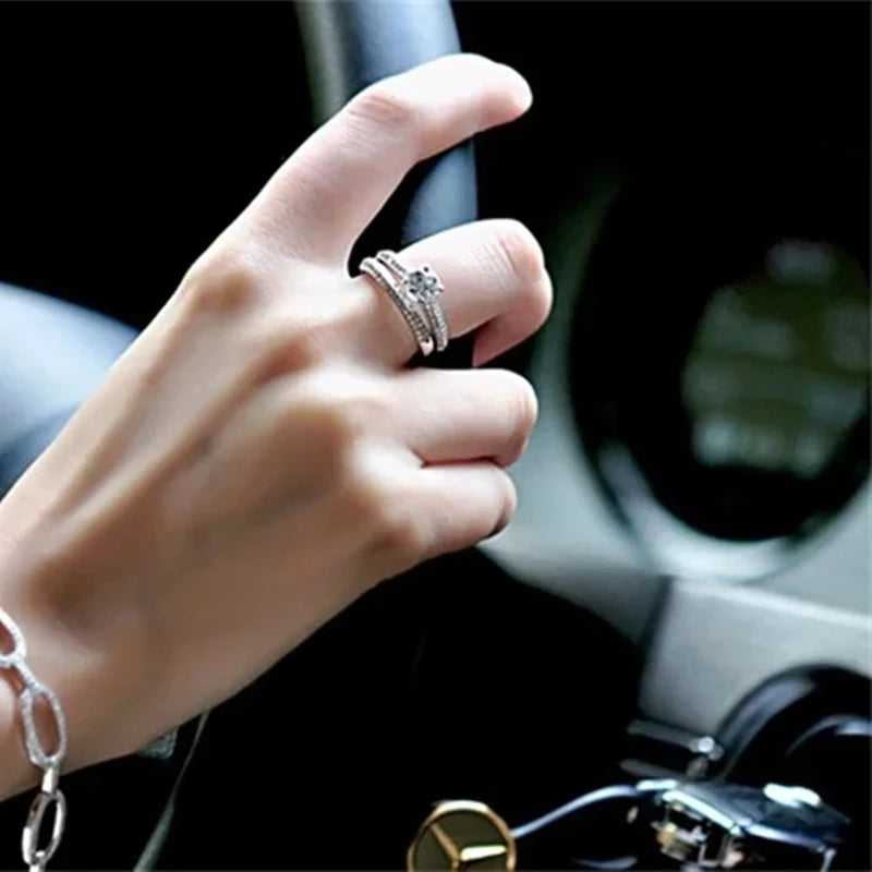 CC Rings For Women Silver Color Double Stackable Fashion Jewelry Bridal Sets Wedding Engagement Ring Accessory CC634