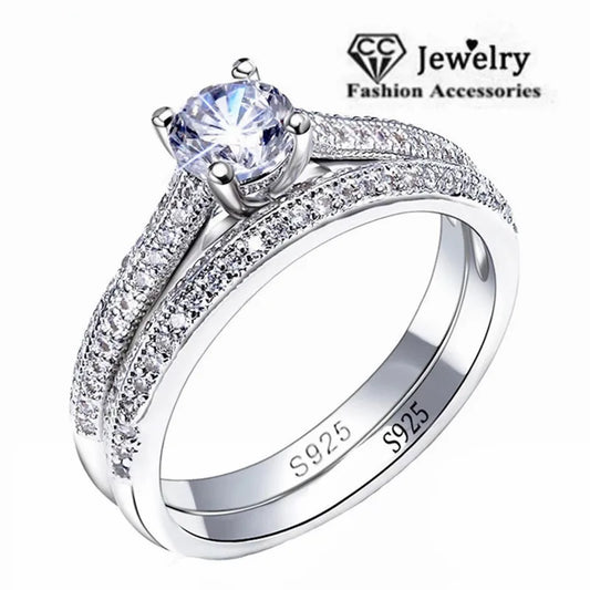 CC Rings For Women Silver Color Double Stackable Fashion Jewelry Bridal Sets Wedding Engagement Ring Accessory CC634