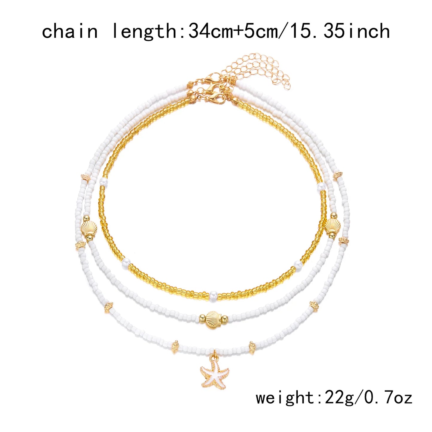 Vintage Women's Multi-layer Stacked Handmade Seed Bead Choker Trendy Starfish Shell Pendant Necklace Summer Beach Party Jewelry